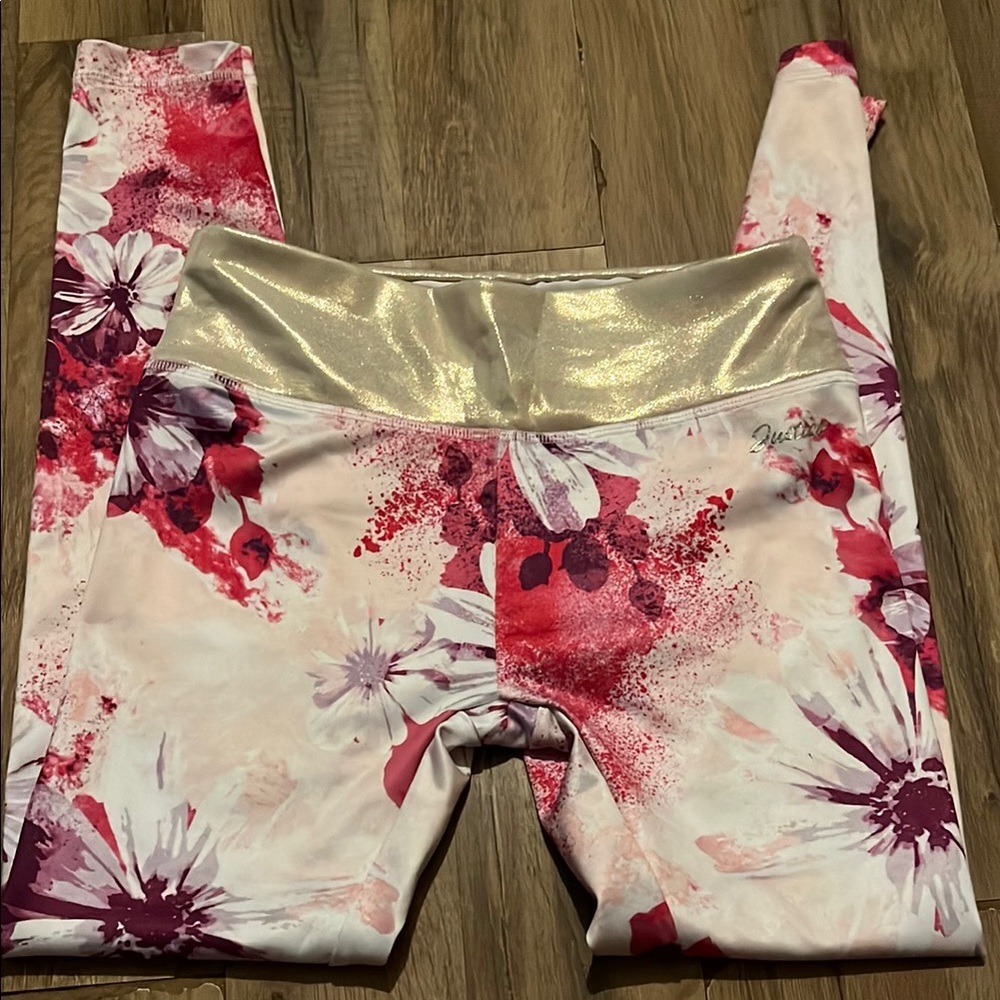Justice Pink Floral Leggings with Gold Waistband